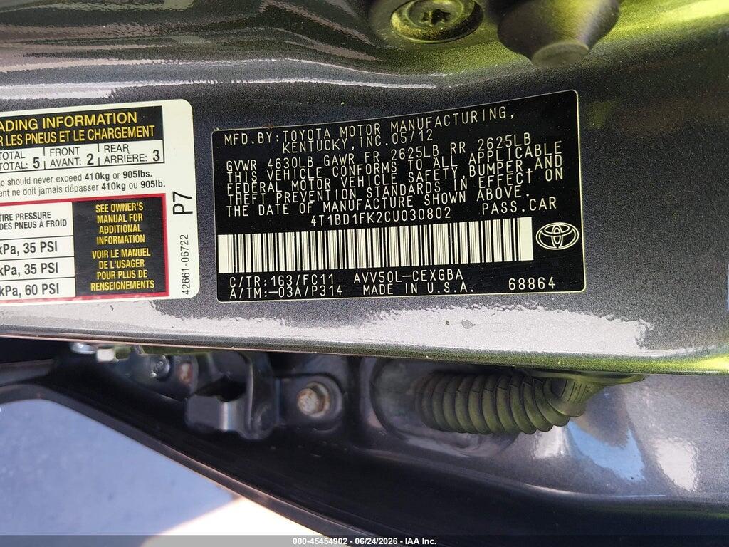 4T1BD1FK2CU030802 2012 TOYOTA CAMRY HYBRID photo no. 9