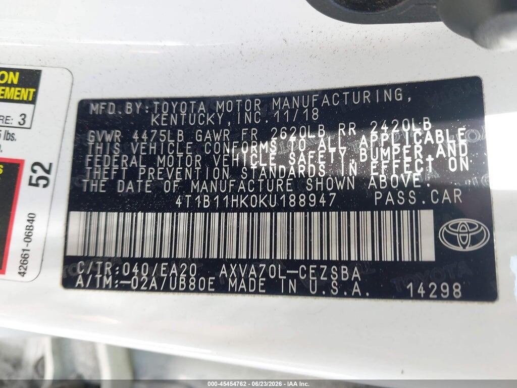 4T1B11HK0KU188947 2019 TOYOTA CAMRY photo no. 9