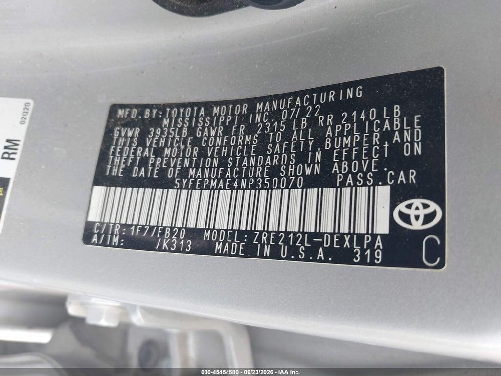 5YFEPMAE4NP350070 2022 TOYOTA COROLLA photo no. 9