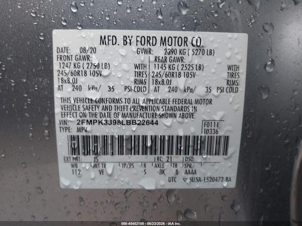 2FMPK3J98LBB22644 2020 FORD EDGE photo no. 9