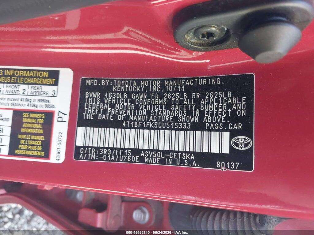 4T1BF1FK5CU515333 2012 TOYOTA CAMRY photo no. 9
