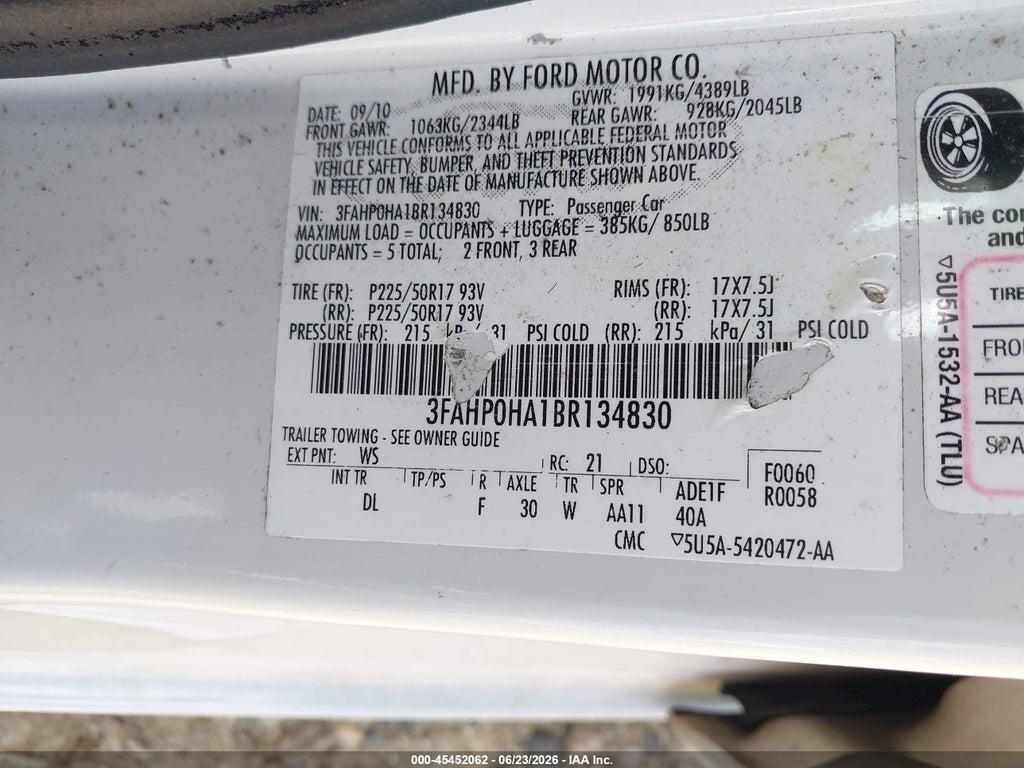 3FAHP0HA1BR134830 2011 FORD FUSION photo no. 9
