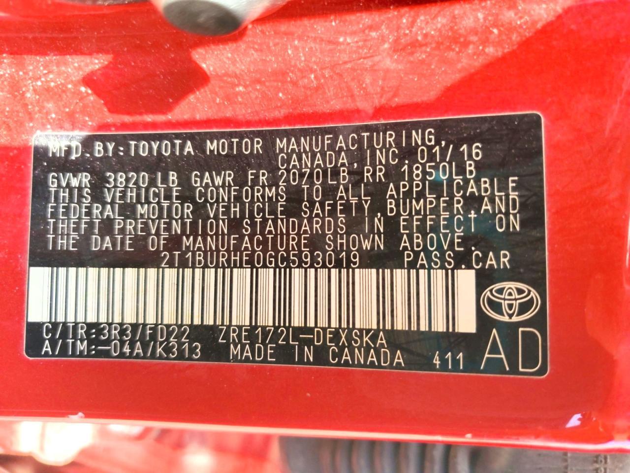 2016 TOYOTA COROLLA S PLUS — Фото 12 из 12