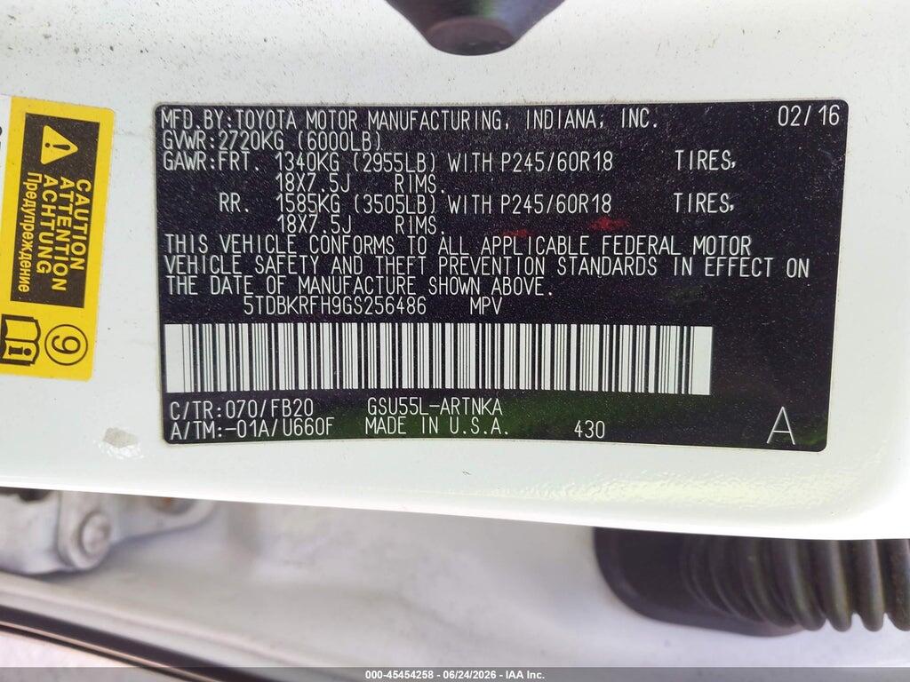 5TDBKRFH9GS256486 2016 TOYOTA HIGHLANDER photo no. 9