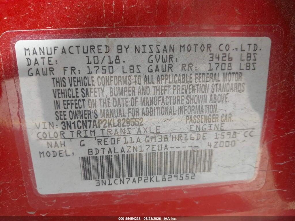 3N1CN7AP2KL829552 2019 NISSAN VERSA photo no. 9