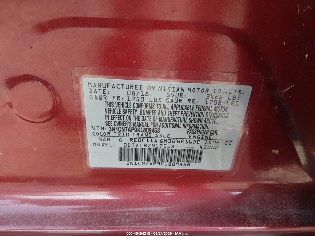 3N1CN7AP9KL809458 2019 NISSAN VERSA photo no. 9