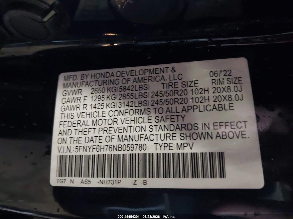 5FNYF6H76NB059780 2022 HONDA PILOT photo no. 9
