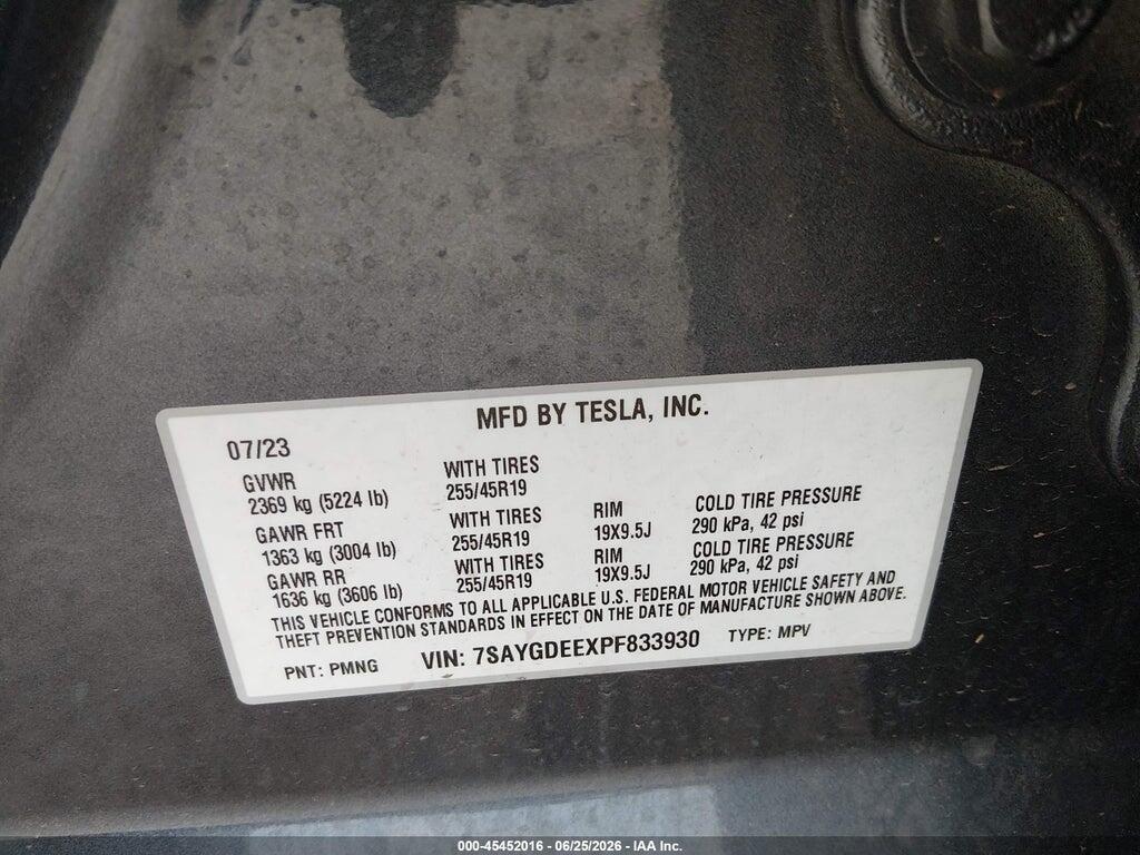 7SAYGDEEXPF833930 2023 TESLA MODEL Y photo no. 9