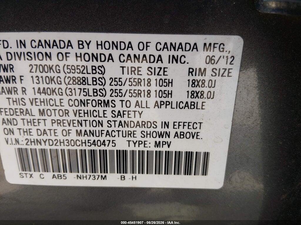 2HNYD2H30CH540475 2012 ACURA MDX photo no. 9