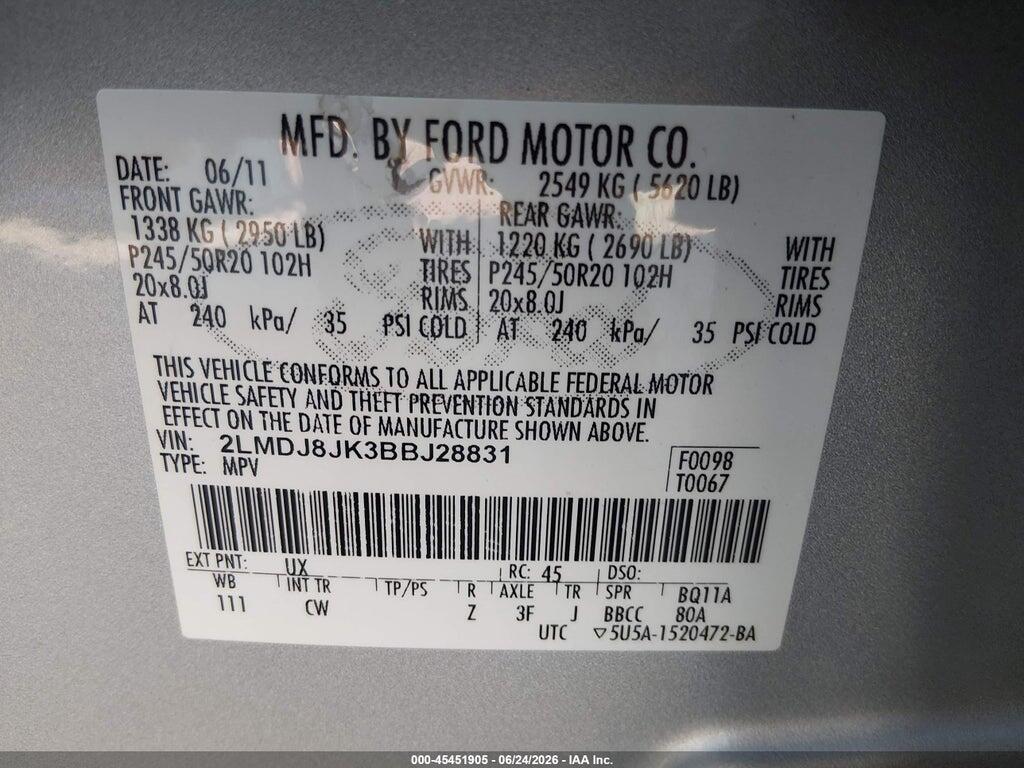 2LMDJ8JK3BBJ28831 2011 LINCOLN MKX photo no. 9
