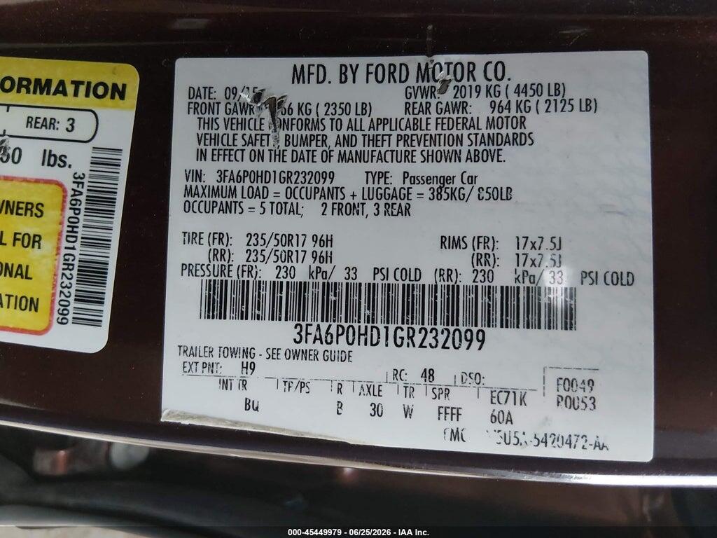 3FA6P0HD1GR232099 2016 FORD FUSION photo no. 9