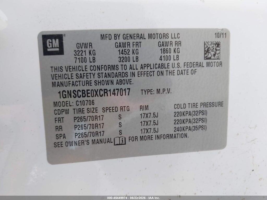 1GNSCBE0XCR147017 2012 CHEVROLET TAHOE photo no. 9