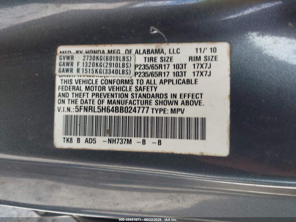 5FNRL5H64BB024777 2011 HONDA ODYSSEY photo no. 9