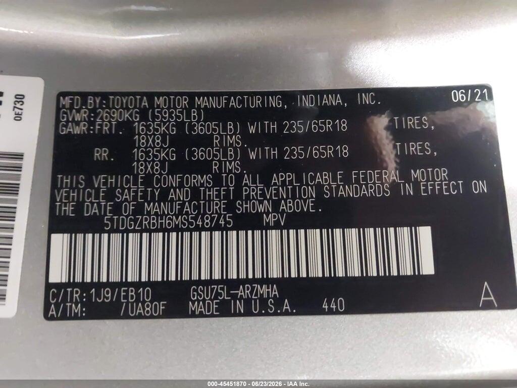 5TDGZRBH6MS548745 2021 TOYOTA HIGHLANDER photo no. 9