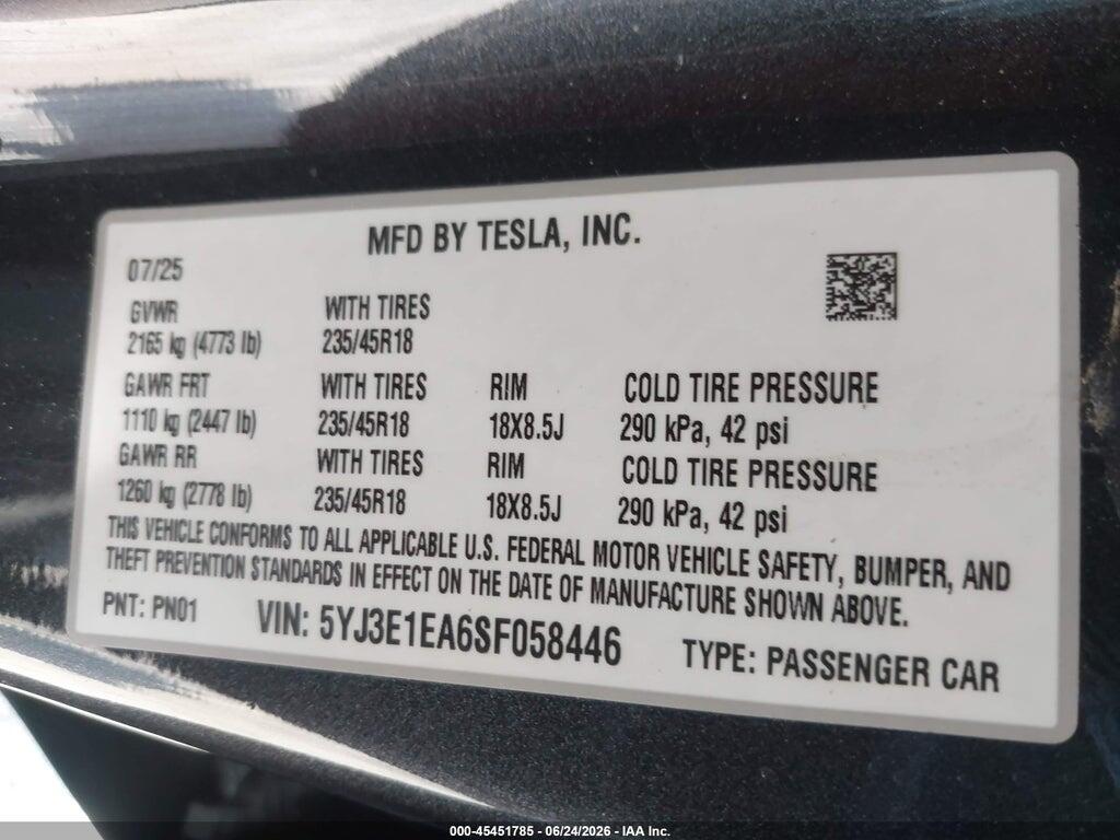5YJ3E1EA6SF058446 2025 TESLA MODEL 3 photo no. 9