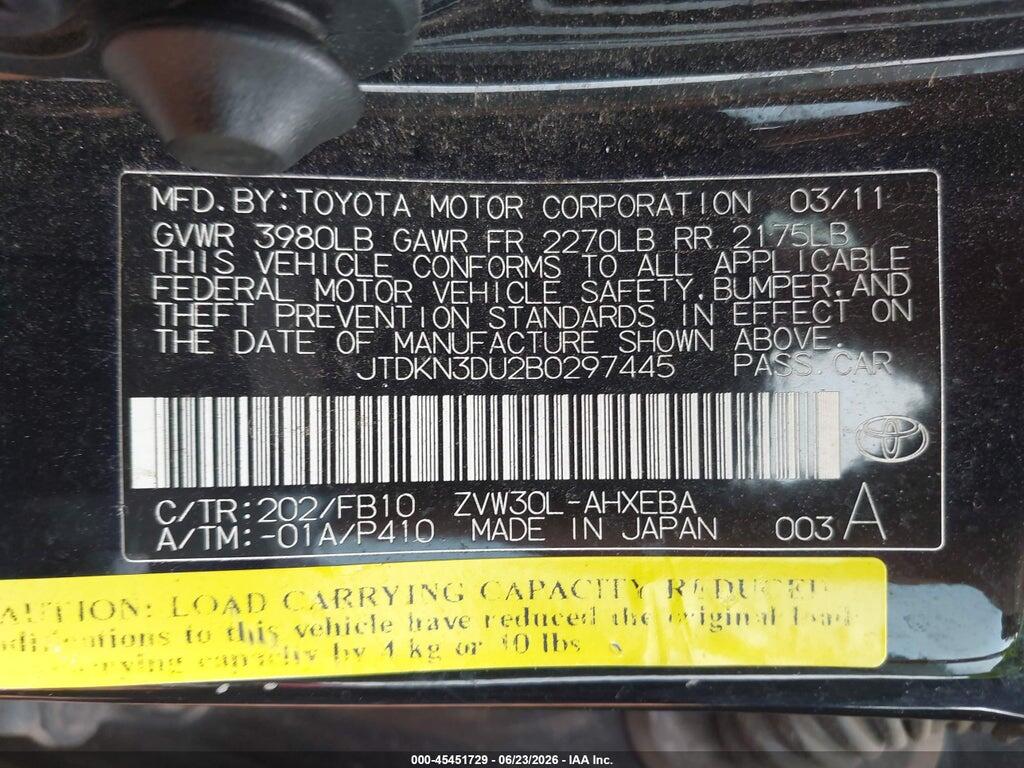 JTDKN3DU2B0297445 2011 TOYOTA PRIUS photo no. 9