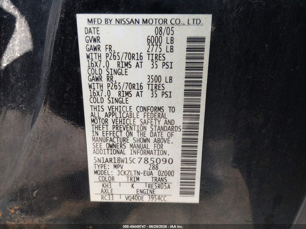 5N1AR18W15C785090 2005 NISSAN PATHFINDER photo no. 9