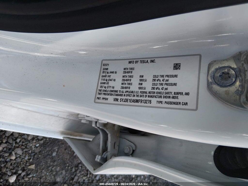 5YJ3E1EA6MF913276 2021 TESLA MODEL 3 photo no. 9