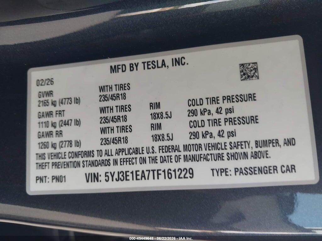 5YJ3E1EA7TF161229 2026 TESLA MODEL 3 photo no. 9