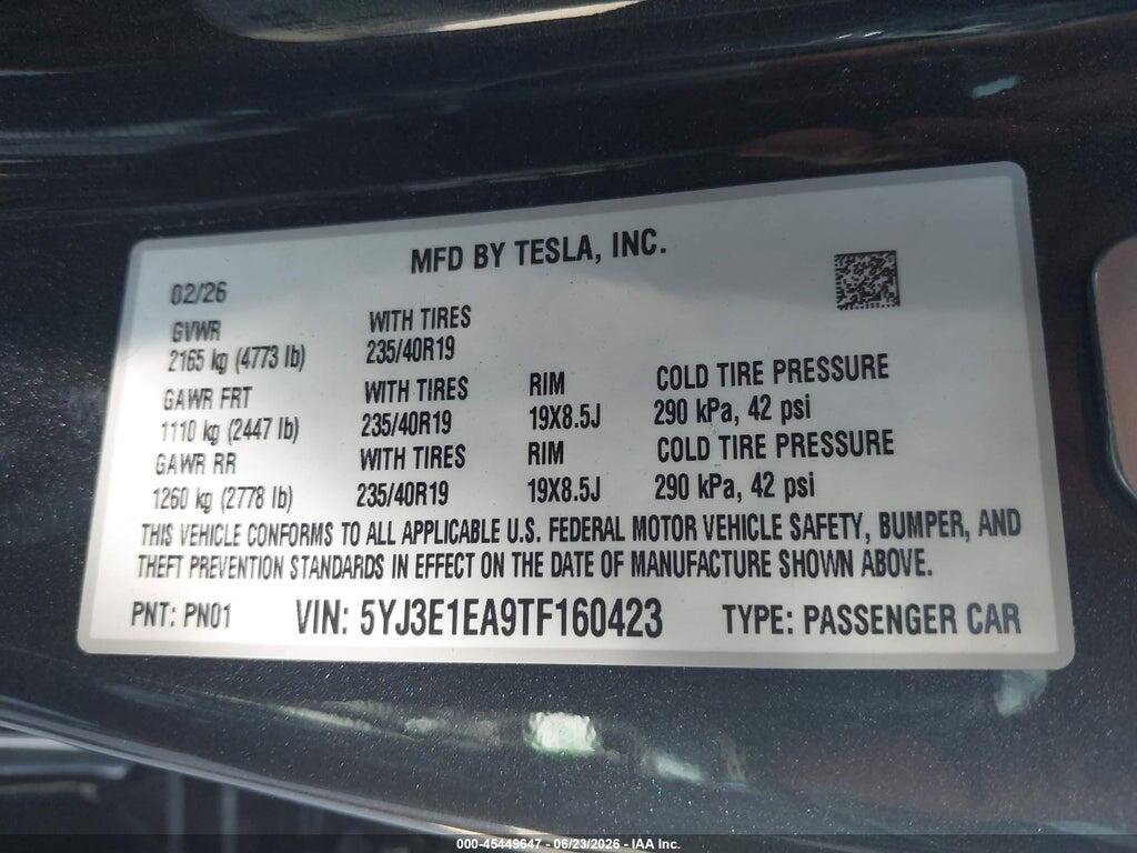 5YJ3E1EA9TF160423 2026 TESLA MODEL 3 photo no. 9