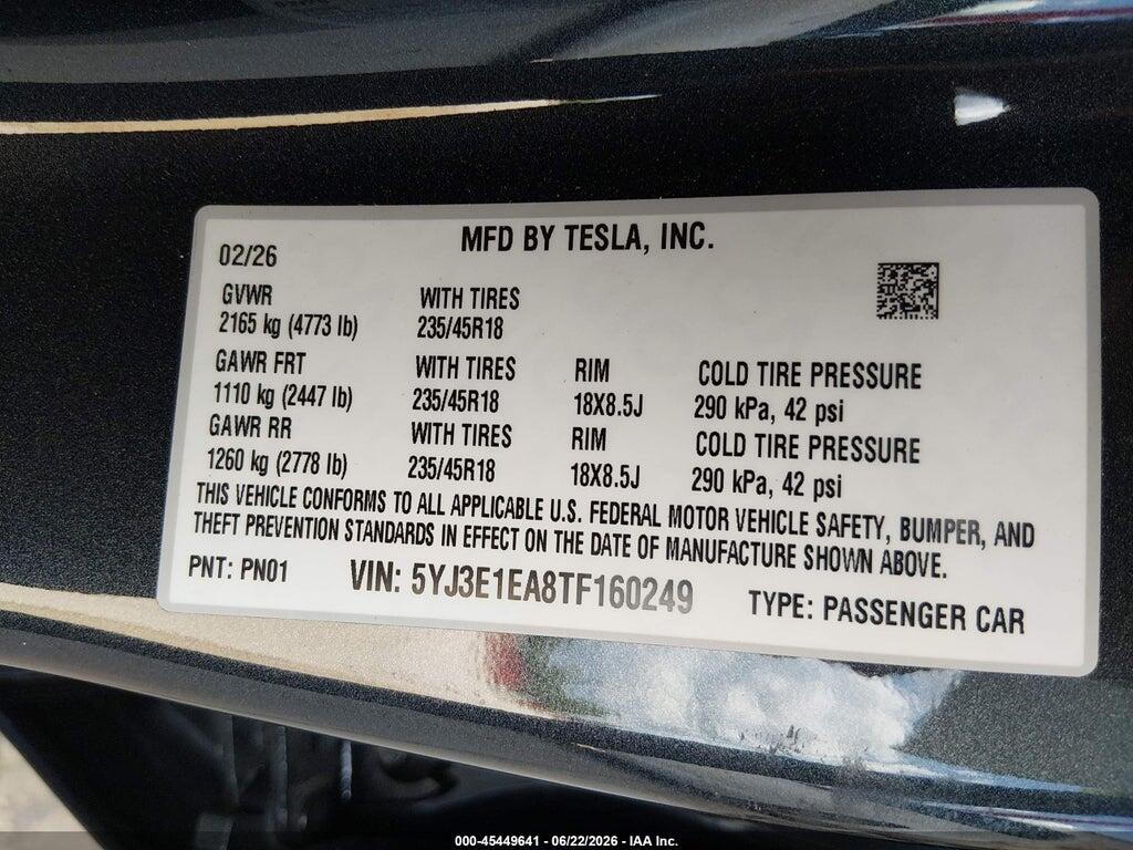 5YJ3E1EA8TF160249 2026 TESLA MODEL 3 photo no. 9