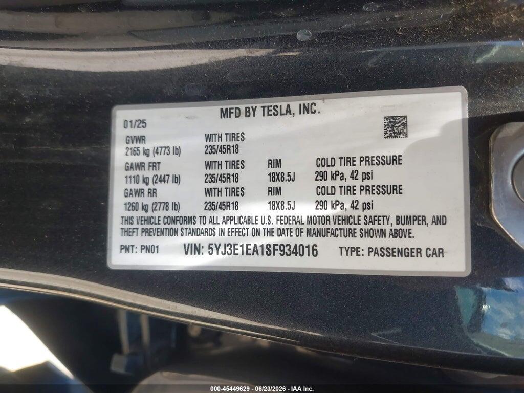 5YJ3E1EA1SF934016 2025 TESLA MODEL 3 photo no. 9