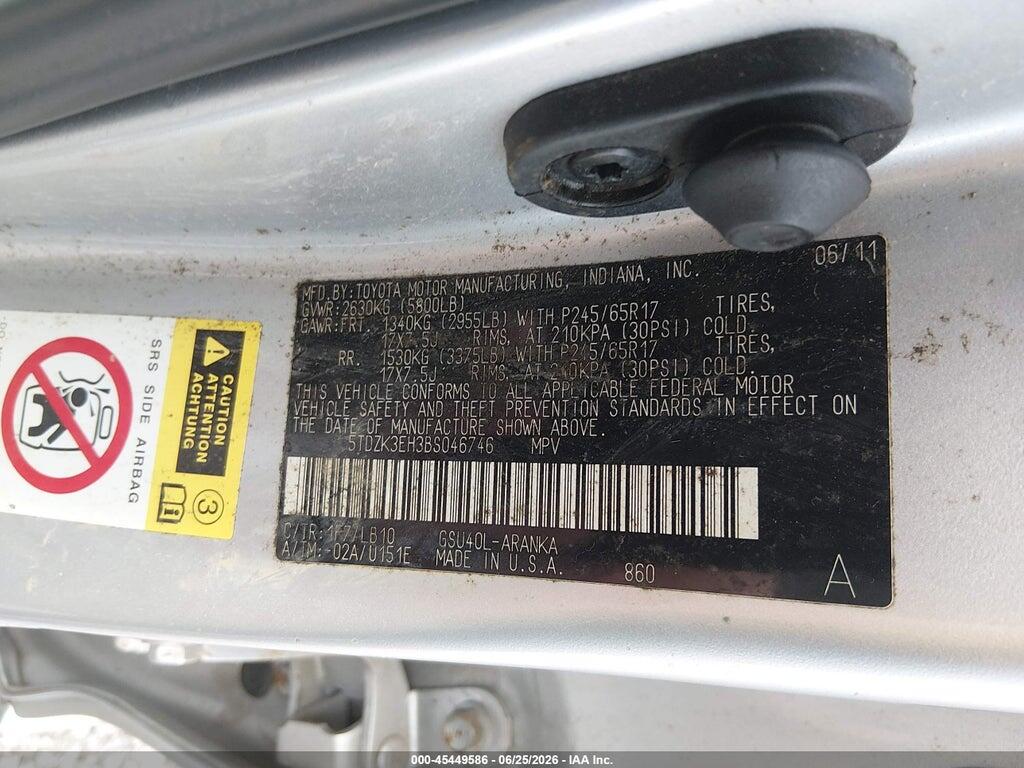 5TDZK3EH3BS046746 2011 TOYOTA HIGHLANDER photo no. 9