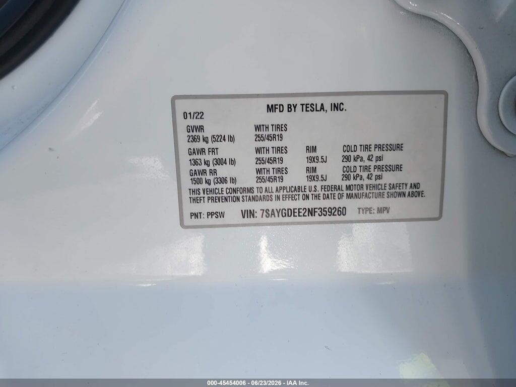 7SAYGDEE2NF359260 2022 TESLA MODEL Y photo no. 9
