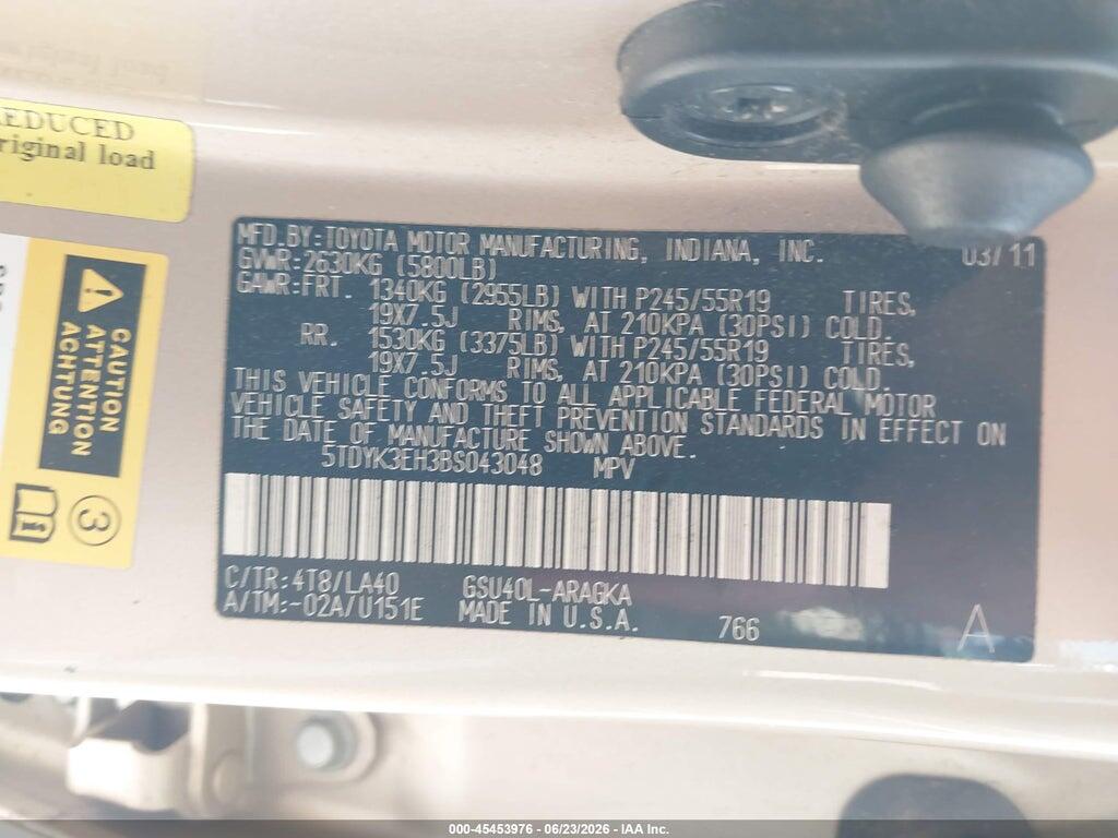 5TDYK3EH3BS043048 2011 TOYOTA HIGHLANDER photo no. 9