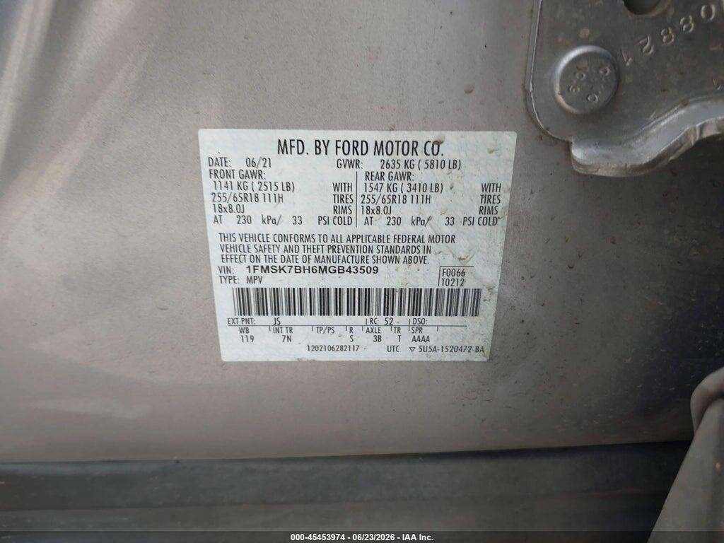 1FMSK7BH6MGB43509 2021 FORD EXPLORER photo no. 9