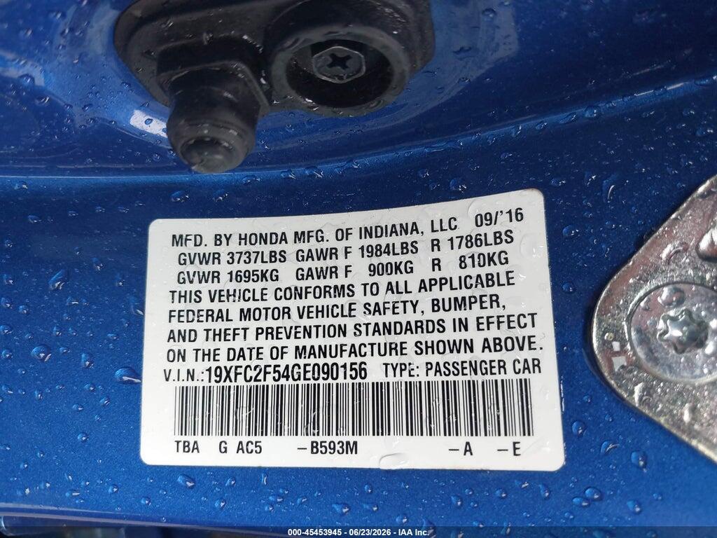 19XFC2F54GE090156 2016 HONDA CIVIC photo no. 9