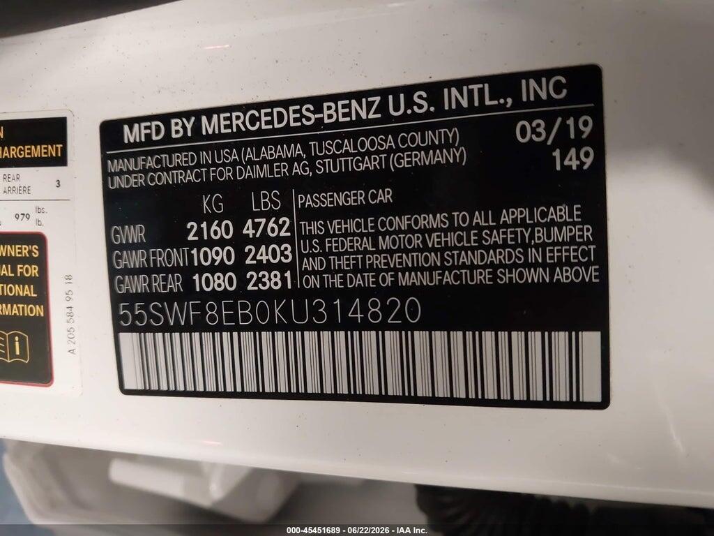 55SWF8EB0KU314820 2019 MERCEDES-BENZ C 300 photo no. 9