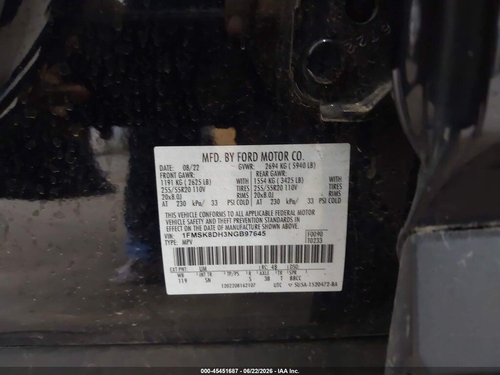 1FMSK8DH3NGB97645 2022 FORD EXPLORER photo no. 9