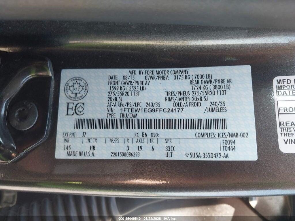 1FTEW1EG9FFC24177 2015 FORD F-150 photo no. 9