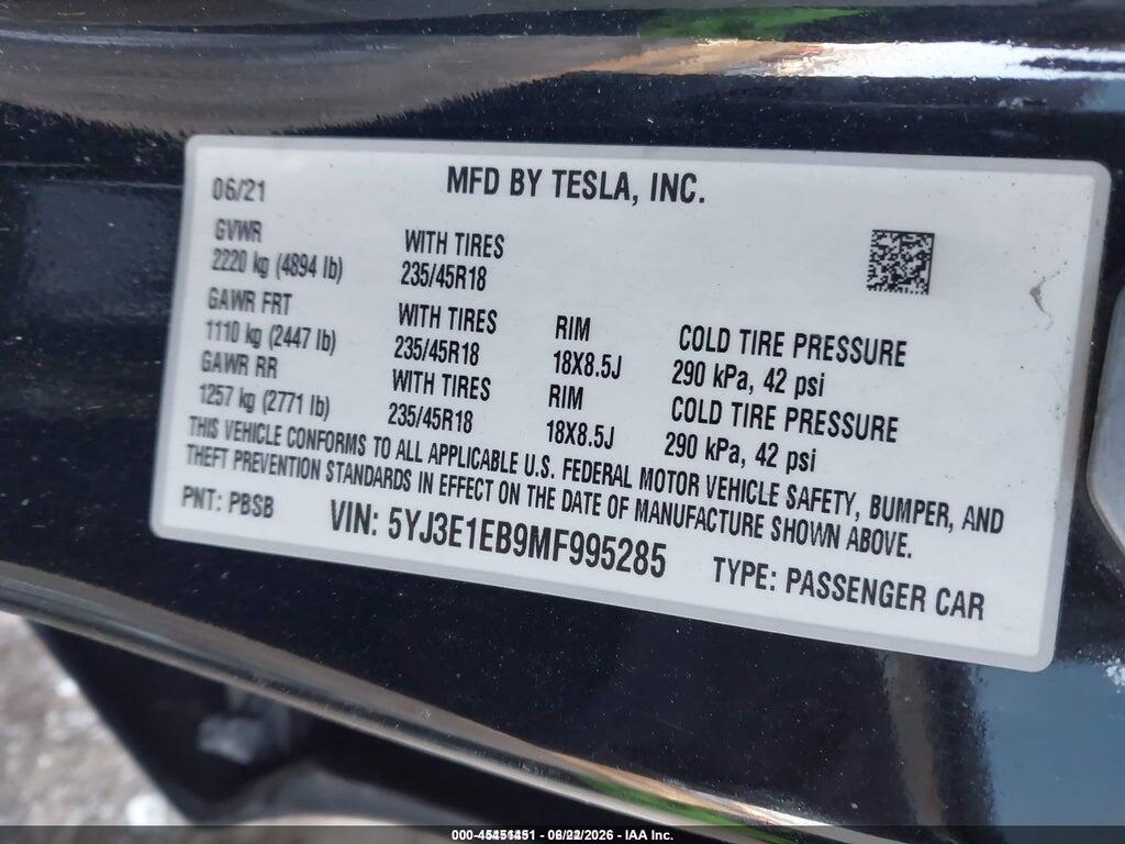 5YJ3E1EB9MF995285 2021 TESLA MODEL 3 photo no. 9
