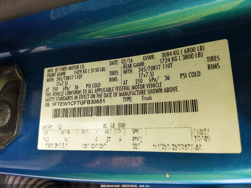 1FTEW1CF7GFB30651 2016 FORD F-150 photo no. 9