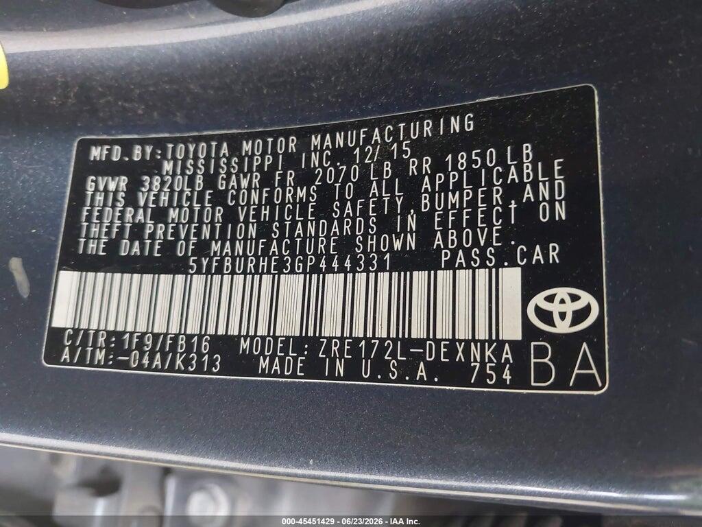 5YFBURHE3GP444331 2016 TOYOTA COROLLA photo no. 9