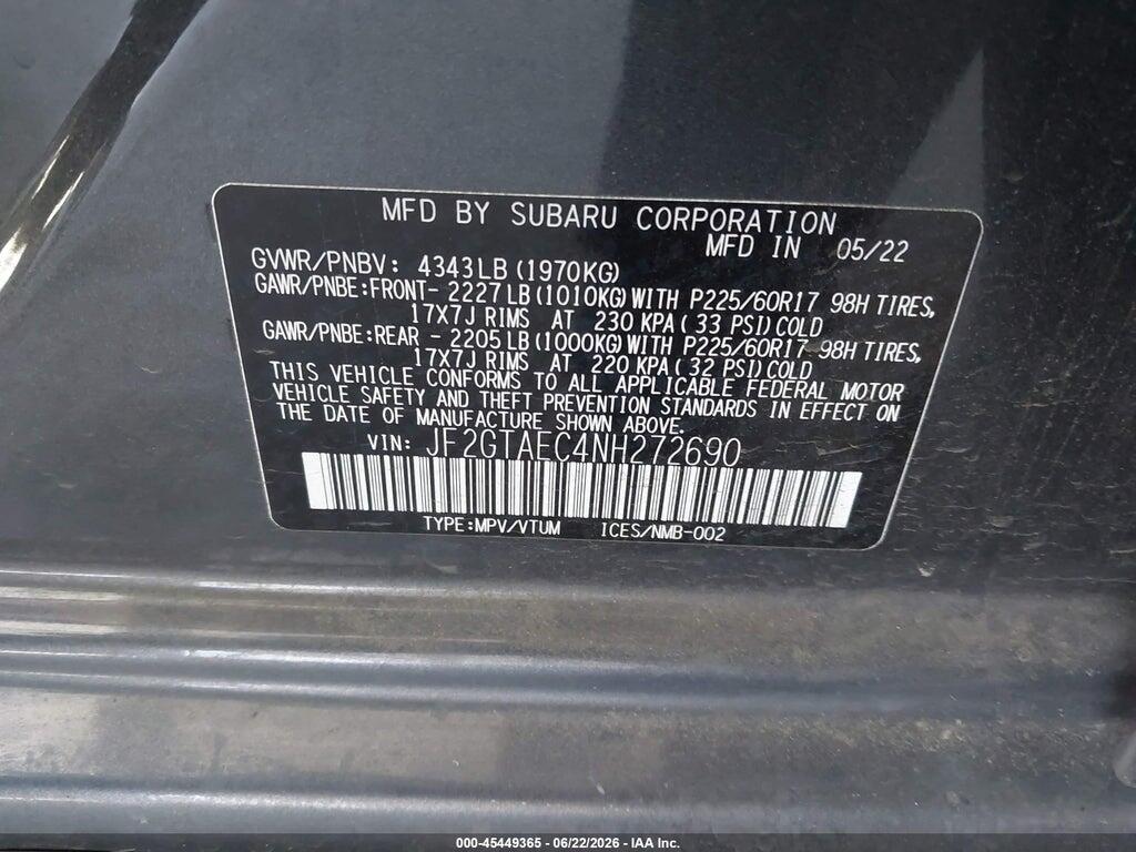 JF2GTAEC4NH272690 2022 SUBARU CROSSTREK photo no. 9