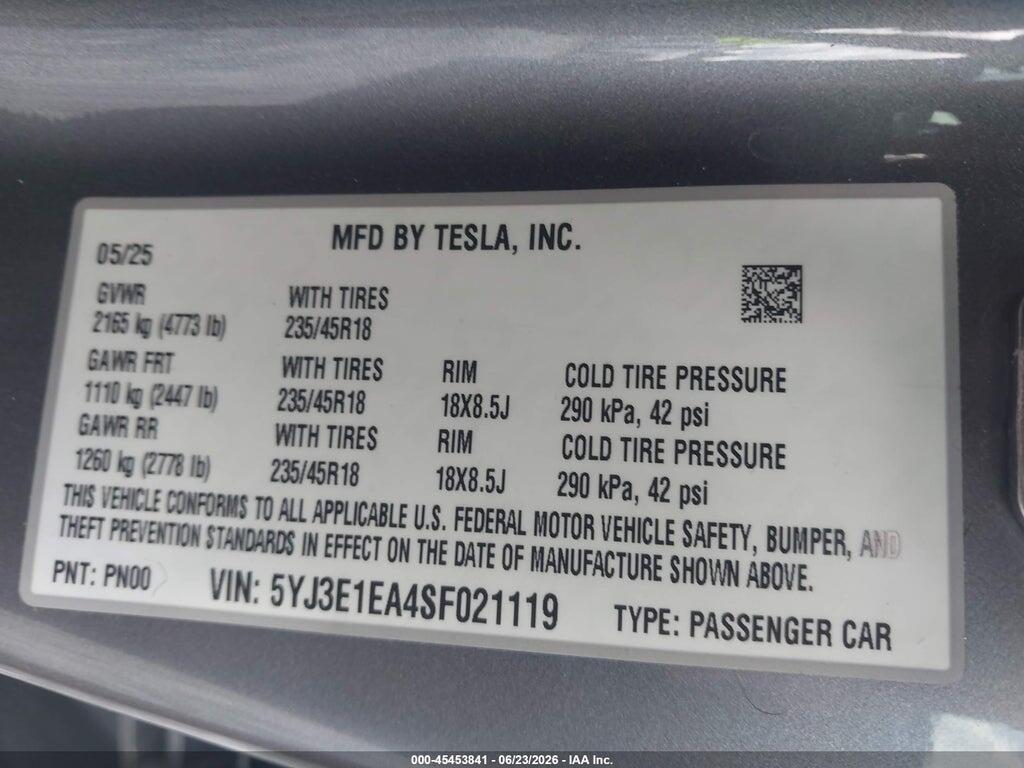 5YJ3E1EA4SF021119 2025 TESLA MODEL 3 photo no. 9