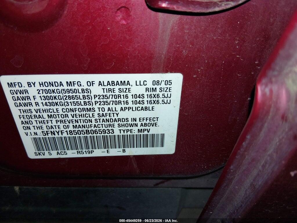 5FNYF18505B065933 2005 HONDA PILOT photo no. 9