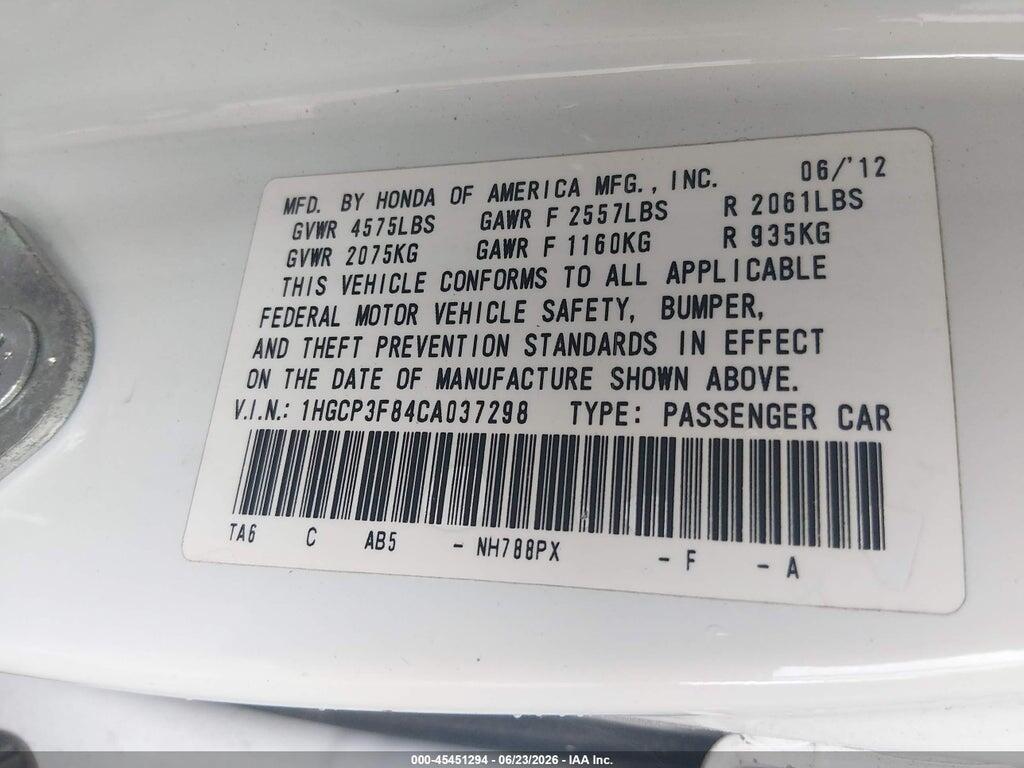1HGCP3F84CA037298 2012 HONDA ACCORD photo no. 9