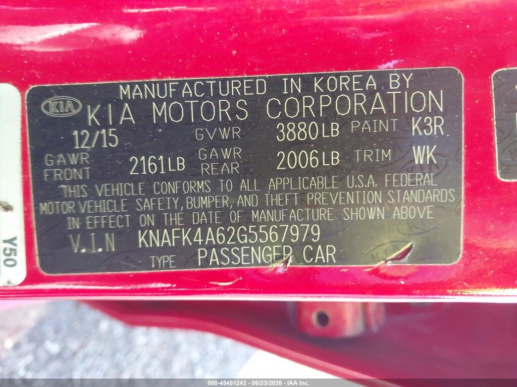 KNAFK4A62G5567979 2016 KIA FORTE photo no. 9