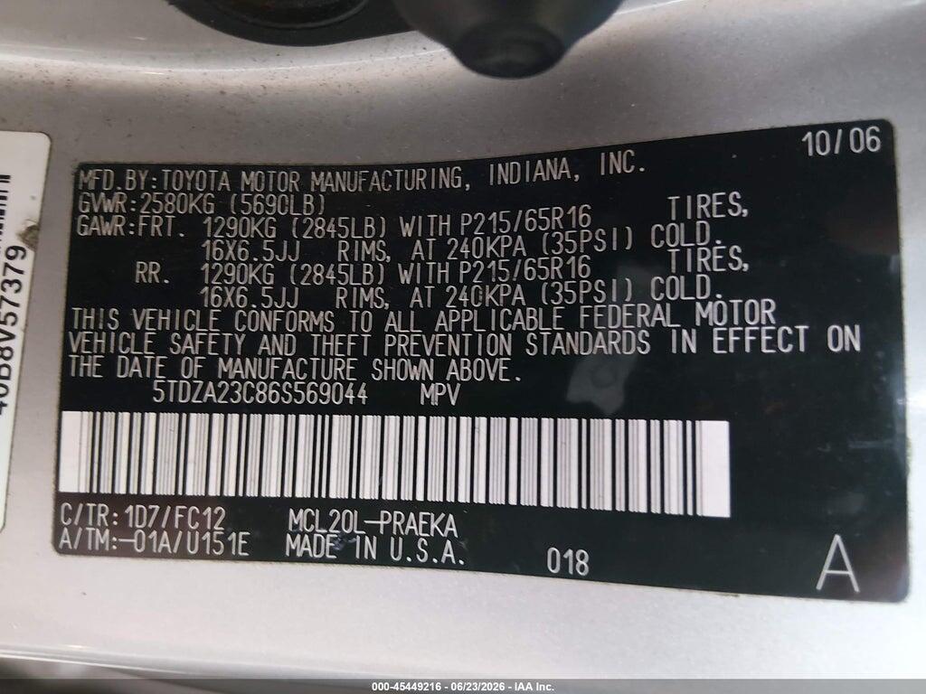 5TDZA23C86S569044 2006 TOYOTA SIENNA photo no. 9