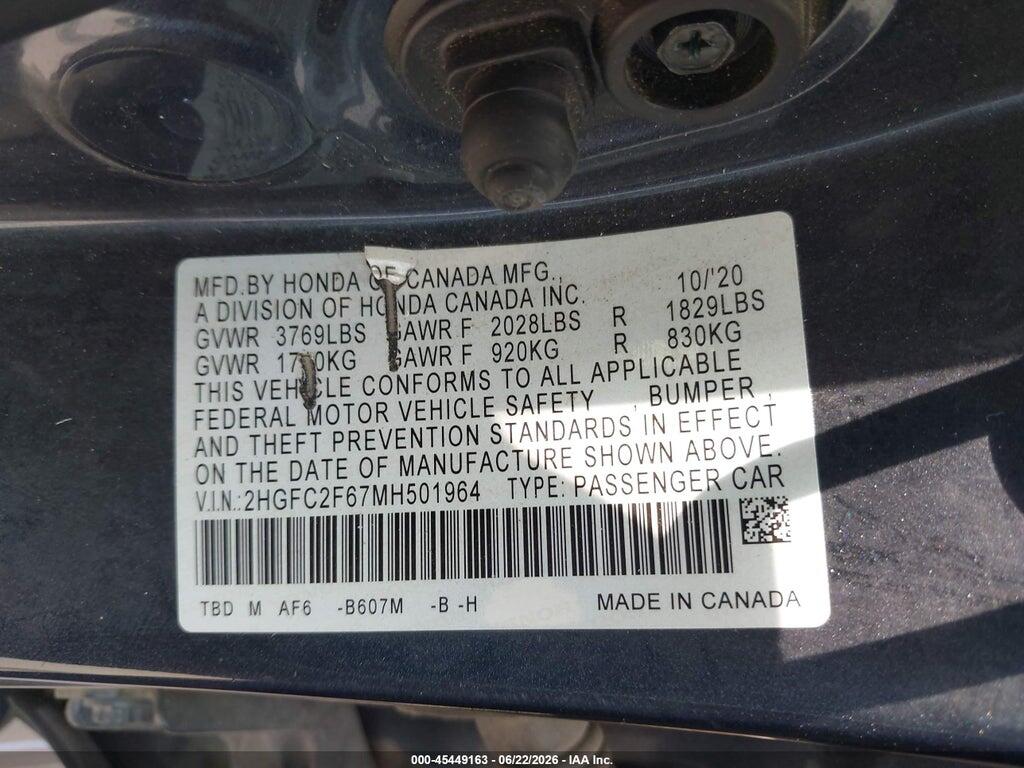 2HGFC2F67MH501964 2021 HONDA CIVIC photo no. 9