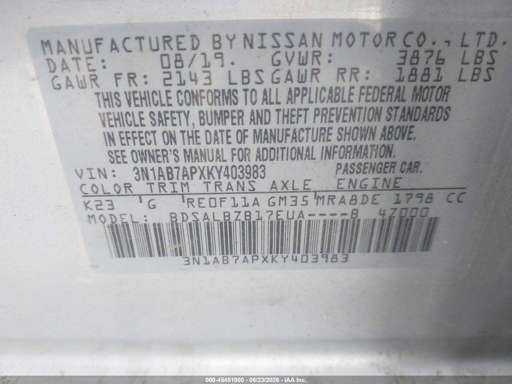 3N1AB7APXKY403983 2019 NISSAN SENTRA photo no. 9