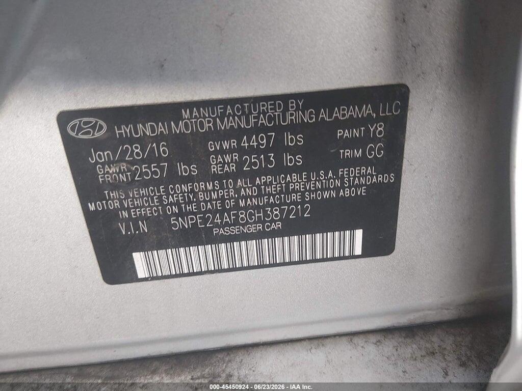 5NPE24AF8GH387212 2016 HYUNDAI SONATA photo no. 9