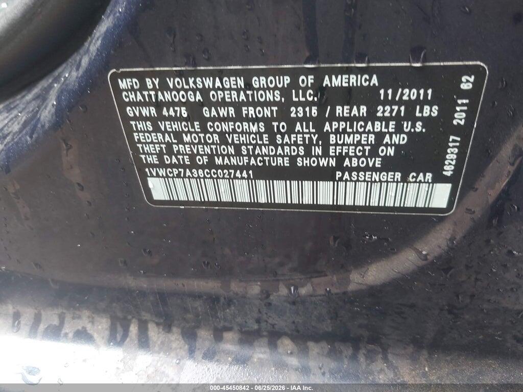 1VWCP7A36CC027441 2012 VOLKSWAGEN PASSAT photo no. 9