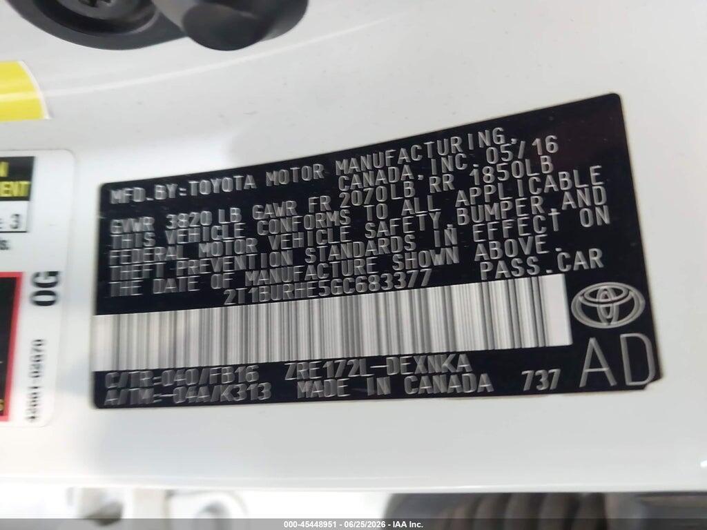 2T1BURHE5GC683377 2016 TOYOTA COROLLA photo no. 9