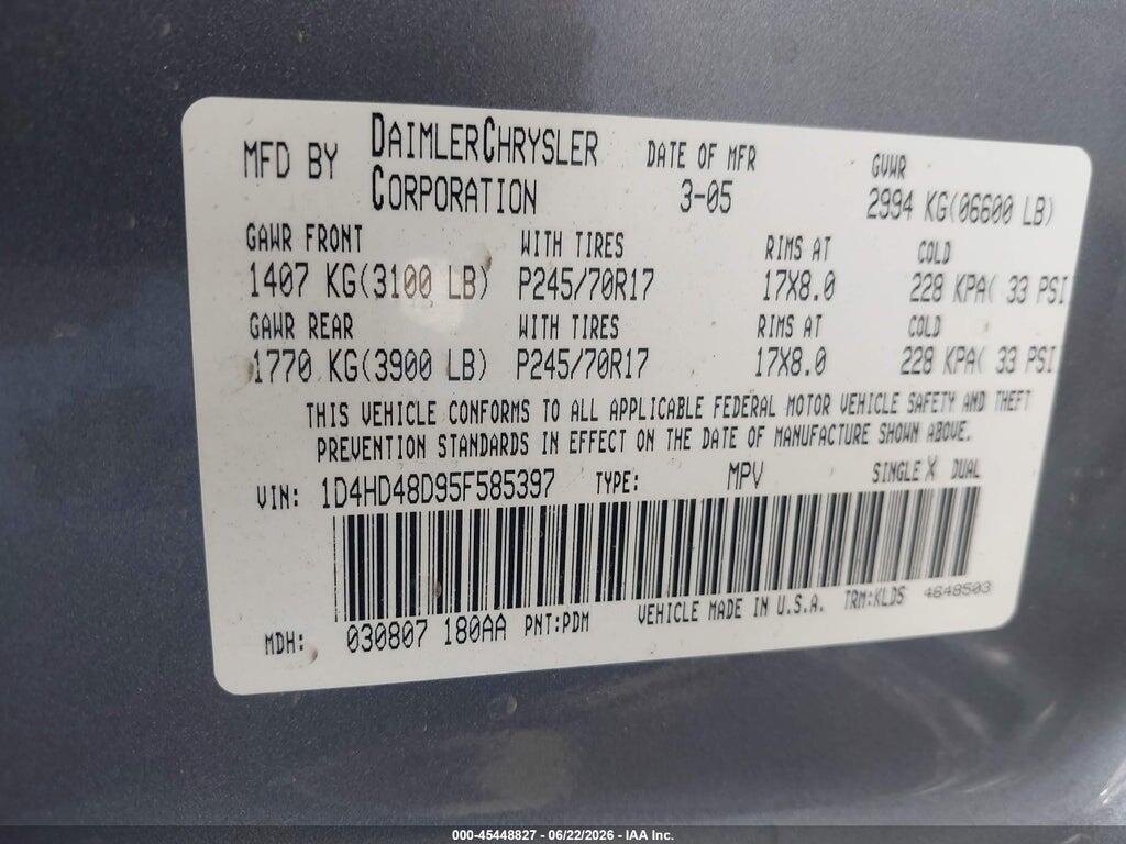 1D4HD48D95F585397 2005 DODGE DURANGO photo no. 9