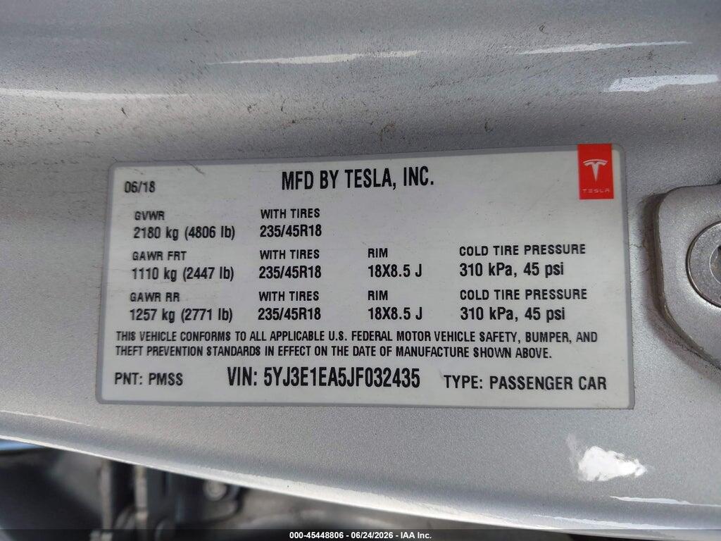5YJ3E1EA5JF032435 2018 TESLA MODEL 3 photo no. 9
